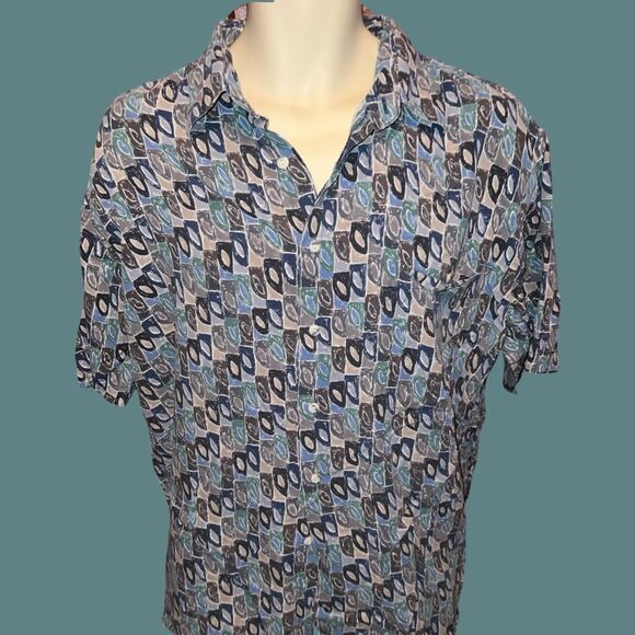 Burma Bibas Geometric Print Short Sleeve Rayon Button Up Shirt Size Large #94 - Picture 3 of 5